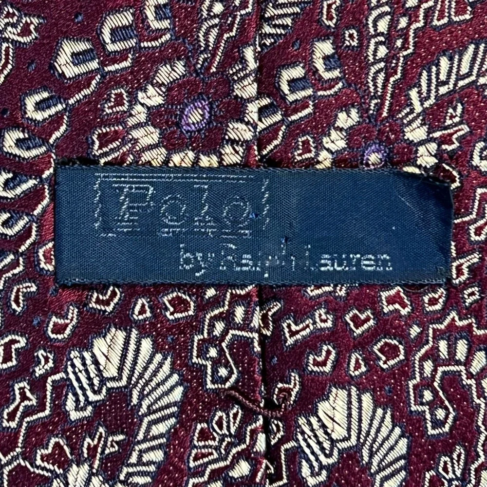 Polo Ralph Lauren Mens Silk Tie Burgundy Paisley Geometric Necktie Made in‎ USA